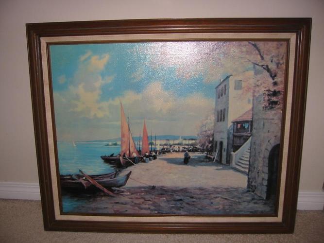 33" by 27" FRAMED GREEK FISHING VILLAGE PAINTING: SIGNED W. RICHTER (1891-1993)