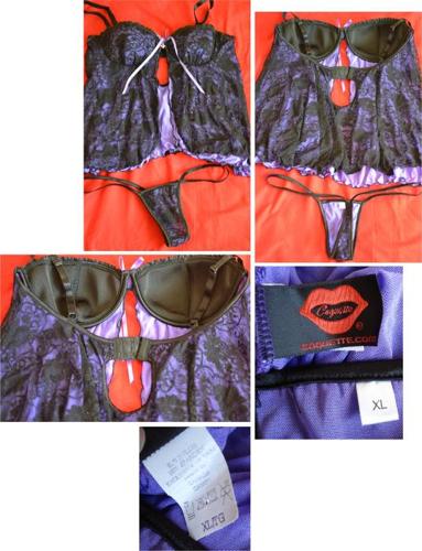 XL Coquette Flyaway Babydoll & Thong Lingerie Set, Black Lace/Purple Mesh