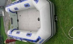 Inflatable keel dinghy with plastic molded floor board set.
 
Includes: Bow storage bag with anchor.
Collapsible oar set.
Foot pump.
Marine grade swivel bench seat.
Sun & rain folding canopy.
EZ cart folding wheels.
 
Engine capacity is 15hp
 
$1,195.00