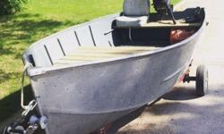 12' aluminum deep V fishing boat for sale. I think it's a Lund, with 9.8hp Mercury 110 (2 stroke) and trailer. Just painted the inside of the hull with marine paint, replaced the seat boards and installed padded drivers seat also put a new winch on the