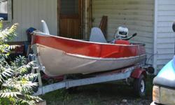 12' aluminum boat, with 7.5 hp Johnson motor, trailor, new gas tank and hose, oars, 2 life jackets, fish finder included.
Motor only has 6 hrs since last service. Purrs like a kitten..