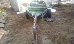12 foot aluminum  boat with an older 6 horse viking motor with a spare 6 horse chrysler  for parts  chrysler is hard to start but does run   viking is  a pretty good starter  and troller  trailer is a home  made trailer  needs wiring  and fenders 
can