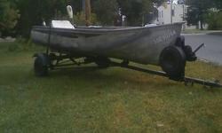 Set up with carpeted platform, storage bench and rear seat. Great fishing boat for small lakes for two guys. Does not leak went over every rivet and has new sealant on every seam. Comes with a 36lbs trolling motor. Trailer has ownership, brand new lights,