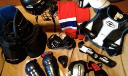 Top quality Hockey Gear for Kids 8 - 12 years [depending on size]:Shoulder & Chest PadPadded ShortsShin Pads//Knee GuardsElbow GuardsNeck GuardHockey Socks//Leg WarmersJockHelmet and Helmet Cage Guardover $500 worth of equipment, asking $150.00 or your