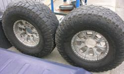 8 hole 16" aluminum dodge rims and 315x75x16 GoodYear wrangle M/S tires some tread left (appx 5000Km)
price is negotiable. I have the center covers as well and they will be included at no cost