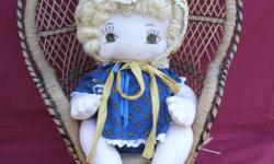 very cute hand crafted, handmade 16" Rag Doll with her original Clothes, the vtg Bonnet is optional, the cloth Doll has a hand painted Face, jointed arms & legs, the Doll is in very good condition and is FREE ( Chair has no seat )
* I'm Retiring > click