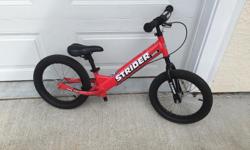 16" Strider bike. Suits tall 4 year olds and older. Excellent condition. Hand brake. Near new tires. Fantastic way to learn how to ride.
