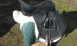16" All Purpose English Saddle.  Been sat in on a stand, but never been on a horse.
 
Could be a great starter package for youth.  Comes with stirrups & leathers. 
Will also include green underpad (slightly used), fleece pad, rope girth and solid girth.