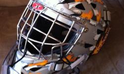 ITECH jr goalie helmet- with ITECH guard- silver, yellow orange flames