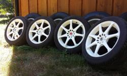 Bought them brand new last year, they are core racing evo 7 with directional 205/40R17 Goodride sv308 tires on them. Two tires about 70% and two about 80% Rims are 17x7 dual bolt pattern, 5x112 and 5x114.3. They are painted white and clear coated, with