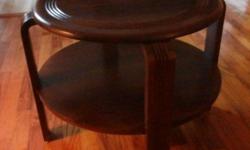 1936 GIBBARD Walnut Art Deco Side or Corner Table; very solid and heavy with gentle use; finish thin or wearing in a few small areas; own a piece of history; 23" in Diameter; 18" H