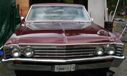 Make
Chevrolet
Model
Malibu
Year
1967
Colour
maroon
Trans
Automatic
Selling grannies car- 46,000 original miles- repainted with a few garage dings- needs to be put back together, rebuilt original motor with matching numbers and no miles on it yet,,
