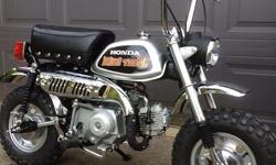 1972 Honda Z50 MiniTrail - rare and collectable.
49cc 4 stroke OHV, 3 speed auto clutch.
Full restoration...lots of new parts.
-Seat, tank, fenders, headlight, wiring harness, exhaust, tires, cables, Gorilla bars, grips, levers..etc.
-2 stage paint,