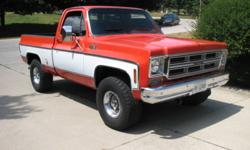 1975 GMC 4x4 Short Box 69000 original miles.
Original paint with Scottsdale trim package.
Eastern Oregon sold and plated truck.(have plates)
20 000 miles on GM V8 crate motor.
Aluminium centre bolt heads.(angled plugs)
Edelbrock intake and carb. 
Hooker