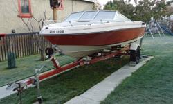Trailer and boat for sale. Boat has an OMC 140 4 cyl motor with a crack in the block. The omc leg is white and works great. Also a spare new prop comes with it. Boat has low hours of usage.