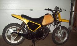 Hi Im selling a 1982 pw50 dirt bike works great needs nothing starts first kick every time, many new parts excellent condition
completely restored. Single speed 2 stroke  Would make a great christmas gift. Suitable for ages 4 to 9. may take part trade on