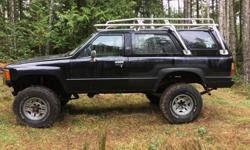 Make
Toyota
Model
4Runner
Year
1988
Colour
Black
kms
247777
Trans
Manual
1988 1st Gen 4 runner soild axle swap done with all the goodies longfields chromo hub gears arp studs high pinnon front 3rd 4.10 gears rear leafs up front f150s in the rear bilstein