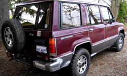 Make
Isuzu
Model
Trooper
Year
1991
Colour
Burgundy
kms
193500
Selling our old but reliable Isuzu Trooper due to a big move coming up. The Trooper is a 2.8L V6 engine, auto trans, power windows and door locks. The inside is a bit rough due to the age, but
