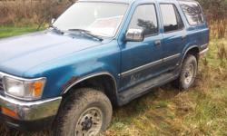 Make
Toyota
Model
4Runner
Year
1995
Colour
blue
kms
300000
Trans
Automatic
Selling a Toyota 4runner...looks like hell...but has an awesome running 3.0 v6....transmission solenoid sticky...runs...drives...stops...but best for parts or bush rig.
Suspect