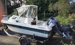 Great Fishing Boat
Yamaha 200 hp 2 stroke (self feed oil) outboard
9.9 yamaha 4 stroke kicker (auto-start)
new canvas cover, Lowrance Fish Finder, VHF Radio
Very clean and well maintained, stored under shelter
Heavy duty Trailer with built in cleaning