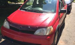 Make
Toyota
Model
Echo
Year
2000
Colour
RED
kms
227000
Trans
Manual
Inspected until october 2016.
New: Muffler
Gas Tank
Rear Rocker Panels
Emergency Brake Line
Needs: Has a steering fluid leak
Needs some gear shift work ( sticks), but I have driven it
