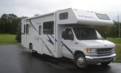 2002 Four Winds Majestic 28' Class C.Ford V10 chassis 12mpg.Runs and drives excellent.Roof and cab air conditioning,4000w Onan Generator,2 way fridge,furnace,hot water,stove,microwave.Sleeps 8 stand up shower,lots of basement storage.Large Awning.Southern