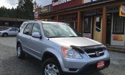 Make
Honda
Model
CR-V
Year
2002
Colour
Silver
kms
243000
Trans
Automatic
- Near new tires ?
- Ice cold A/C ?
- Serviced at Honda dealership ?
- Heated seats ?
- Leather interior ?
- Power sunroof ?
- AWD ?
Engine Size: 2.4 L
Engine Type: 4 cylinder