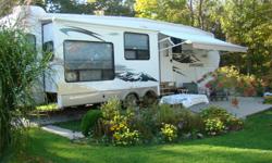 2008 Jayco Designer 35 ft 5th wheel bought off the lot in May 2009. Has three slides - includes one super slide.  4 dining chairs, 2 lazy boy chairs, L shaped couch that has pull out blow up bed (queen size)and storage drawer, 3 pc bath separate from