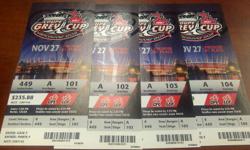 I have (4) tickets for the 2011 Grey Cup game in Vancouver, BC for sale.
Sunday November 27, 2011
BC Place Stadium, Vancouver, BC
Section #449    Row A  Seats: 101-104
 
I will also include 4 tix to Molson House Suite, front of the line acess for all 3