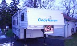 22 ft 5th wheel Coachman Travel Trailer in Excellent Condition.
Winterized
A/C Works well
Furnace Works Well
New Propane Tanks in 2010
New HD TV Ariel in 2010
New Bed 2010
Bathroom with Shower
Duel Batteries for Dry Camping if required
Tires in Good