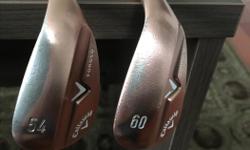 $55 each or $100 for 2 clubs
2 Callaway Forged Wedges: Copper Finish, Right Hand
Roger Cleveland Design
54 Degree Sand Wedge 11 Degree Bounce
60 Degree Lob Wedge 9 Degree Bounce
Golf Pride Grips
Excellent Condition
* 21 tightly spaced, USGA conforming