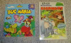 My son has outgrown these.  2 hardcover, interactive books.  Both have hard board pages.  Both are in good condition
 
-Bug Mania (lift the flaps)
-Ellie The Adventurous Elephant (has 3 18 piece puzzles, with one piece missing)
 
Recommend early readers