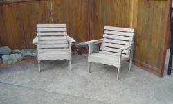 2 wooden outdoor side chairs stained taupe grey. very comfortable. perfect for around the outdoor firepit or at the cottage.