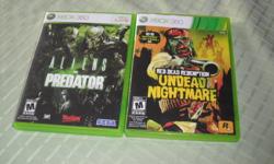 Red Dead Redemption-Undead Nightmare, Alien vs. Predator  ,. Army of two, All in excellent condition,,,will take $20.00 each, 3for $50.00 or trade for Gears of War 3. or cod black opps