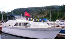 Boathouse kept twin stateroom classic in top shape. Equipped with twin Chris Craft 327s, Onan 6.5 kw genset, Standard Horizon GPS, Lowrance sounder, Icom VHF, Pro-Mariner charger/inverter, Webasto diesel furnace, demand & electric hot water, 9 foot