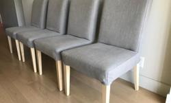 Excellent like-new condition.
The covers are removable, washable, and very easy to put back on the chairs.
Chair legs are solid wood (birch).
Fabric is grey.
They are very comfortable with wide cushioned seats.
Width: 21-1/4"
Depth: 22-7/8"
Height: