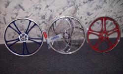 Aluminum Rims for Bicycles or Carts. 16.5" OD (measured from outer rim edges). Never used. Excellent condition. Colors: Red, Black, and Blue--all with silver accents. All 3 for $75, or $30 individually. Never used, excellent condition.
