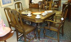 Walnut Dining Table, 2 leaves, 1 Arm Chair and 5 Side Chairs. Original Finish. Excellent condition, Chairs have been reglued. Cicra 1930 Canadian 699.00 for the set. COLLECTOR'S II 621 Johnson Street. Ph 250 383 0003 Wednesday to Friday 10-5:45 Sat.10-5