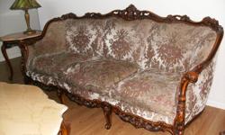 1920's Italian living room suite includes: 1 carved three seat couch, 2 carved arm chairs, 1 marble topped coffee table, 2 matching marble topped end tables. All in good condition, no damage to marble tops. $1500.00
 
2 Antique walnut carved 18th century