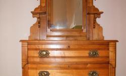 ANTIQUE SOLID MAPLE OR ASHWOOD DRESSER/MIRROR WITH TWO SHELVES
Dovetail Joints/Drawers
Original hardware
Excellent condition.
Dimensions: 40" Wide x 18 1/2" Deep x 32" High (75" High w/Mirror)
Smoke-Free Home
If posted, still available. Please check out