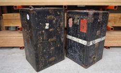 Two Antique Wardrobe Trunks - travel stickers from the 1940's are covering older stickers underneath, so exact age of each trunk is unknown
The larger trunk with off-white cloth interior measures 23" x 26" x 42"
This trunk is very nice looking and would