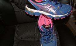 Asics Gel Nimbus runners, very pretty blue, pink, black, and silver, size 6 women's, excellent shape, no rips or tears, these runners sell for $189 plus tax at Sport Chek, $20