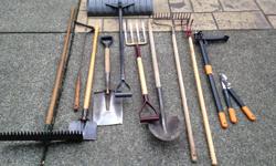 Square nose shovel, long handle spade, weed remover, grass trimmer, rake (2), weeder, ice chipper, snow shovel, garden fork. $20 each