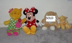 Kitty - $4
Minnie Mouse - $4
Dog with rattle inside - SOLD
Giraffe Gund with rattle inside - $3
very clean, from a non -smoking house
