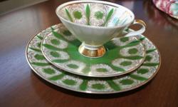 complete set of tea cup and saucer and matching plate of Bareuther Waldsassen fine bone china with gold made in Barvaria between 1943-1979. This is in excellent condition and is part of a numbered set with markings on back. This price is for the set, and