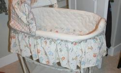 Description BASSANET
* This bassinet can be easily wheeled into the parent's bedroom so baby can be by your side at night.
musical melodies, and vibrates
* Quilted bassinet with jungle theme
* Large storage basket
* Adjustable canopy
please call Krista