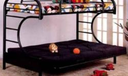 like new black metal bunk bed with futon on bottom, Can use bottom with a double size matress or futon. Comes with top single/clean matress