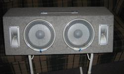 BIG BOOM BOX SPEAKER SYSTEM.VERY GOOD CONDITION AND WORKS GREAT.COVERED IN GREY FELT WITH GRAB HANDLE ON TOP.