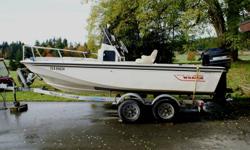 Powered by a 150 hp Merc and a 15 hp high thrust kicker trolling motor.
This is a great fishing  boat with all equipment. Includes Lowrance GPS Sounder combo, VHF radio, Live well bait tank, Bimny top, Wash down pump and a dual axel trailer. Boat has a
