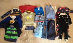 Large box of boys 18 month clothing including sunsuit (NoZone), pjs, pants, short, short and long sleeve tops, sweater, fleece jacket and vest